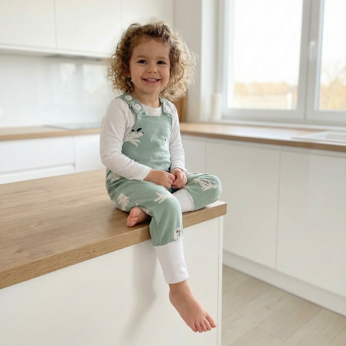 Állítható méretű kék kutyás kantáros gyerek nadrág