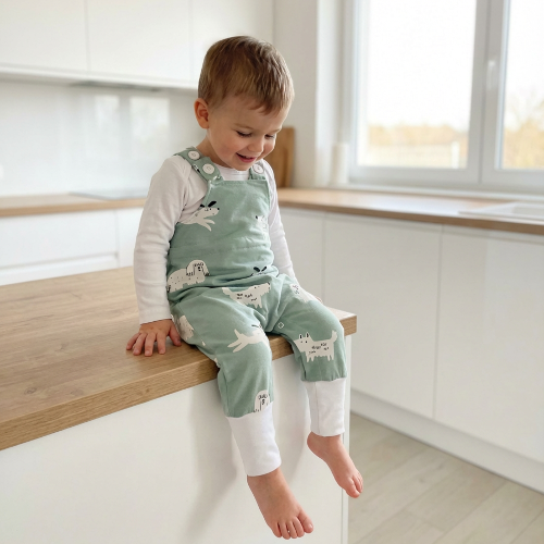 Állítható méretű kék kutyás kantáros gyerek nadrág